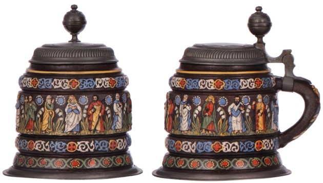 SOS - APOSTLE KRUG -  TSACO -  Stoneware stein, 1.0L, relief, Creussen, c.1900, Apostles, pewter lid,