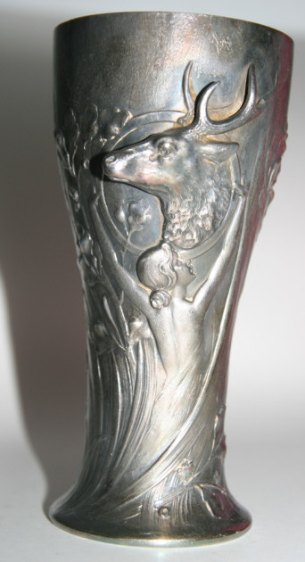 SOS -  alpaca- Beaker  Art Nouveau, made from silvered alpaca, by Anton Kahler & Co.a metalwork company acquired by WMF around 1900