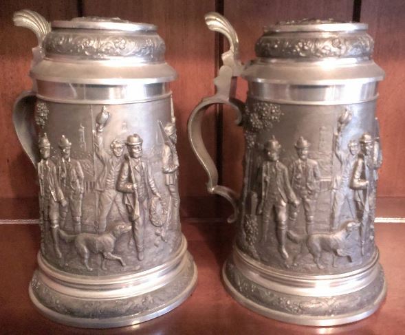 CR- CARVED PEWTER, Antique Vintage 7 IN  Pewter Lidded 3D Carved Pair Beer Steins MugsTankards   EBAY  2-9-15     PUT ON DUMB SHITS PAGE