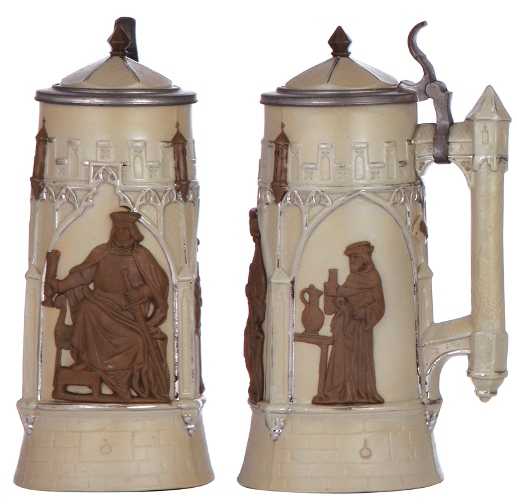 SOS - A RDY - EARLY WARE Mettlach stein, .5L, 32, relief, earlyware, Gambrinus, inlaid lid, mint