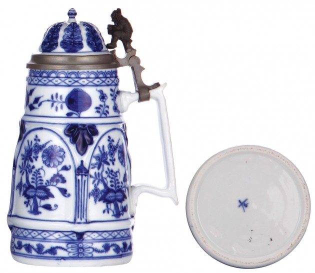 sos -  schney - -RDY  Porcelain stein, 1.0L, handpainted, marked Schney, porcelain inlaid lid,
