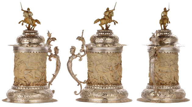 SOS - IVORY   with cracks Ivory tankard, 13.5ht., late 1800s, very detailed battle scene, silver-plated mounts, ivory finial -  soldier on horse