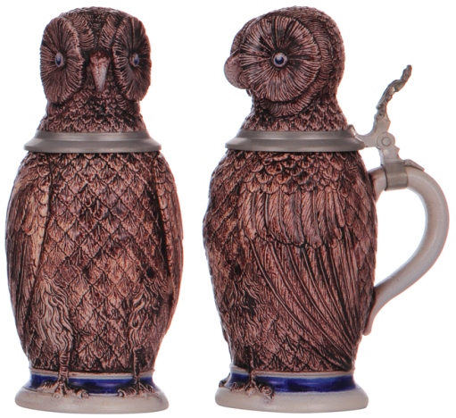 SOS - OWL Character stein, .5L, stoneware, marked 444, Gerz, Owl, blue & purple saltglazes, mint   TSACO