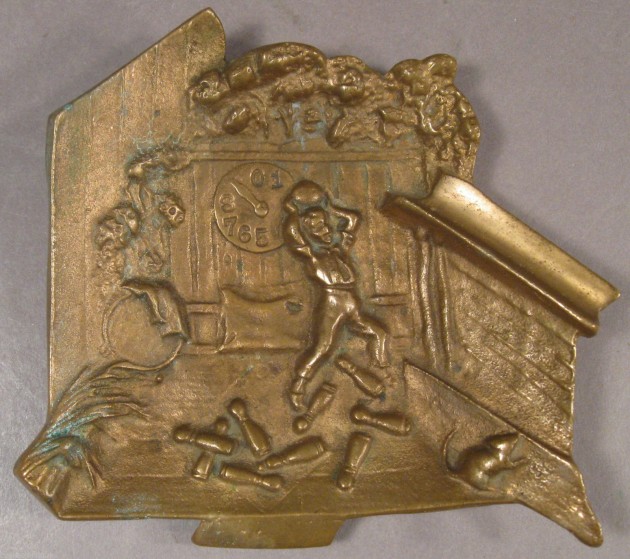 $-SOS - KEGELS - RAT 19th Century Cast Bronze Dish - Nine Pins with Pin Boy, Mouse, Gutter, Scorer