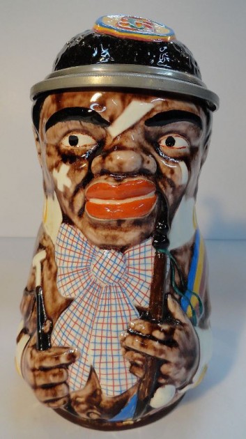 RCharacter Beer Stein Black Man Student Majolica [perhapss i think lead glaze only sold by a fake store front
