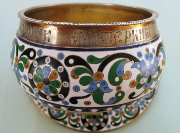 SOS - BRATINA - 1893 RUSSIAN SILVER CHAMPLEVE ENAMEL BRATINA & STAND by KHLEBNIKOV