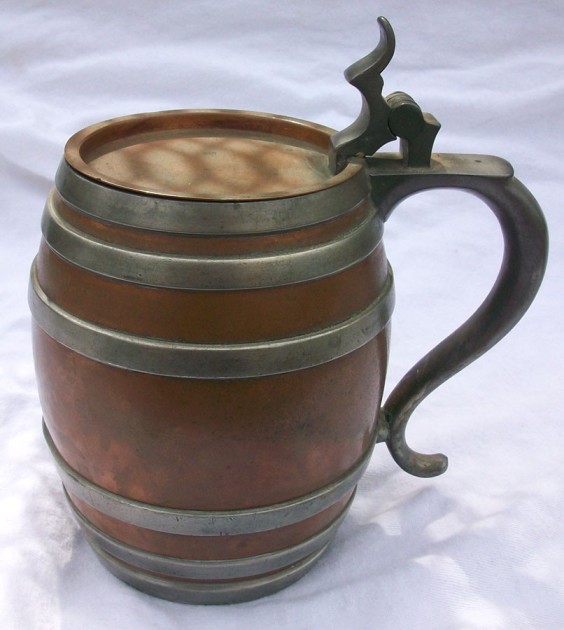 BARREL - Manning Bowman Copper Pewter Barrel Tankard  glass bottom