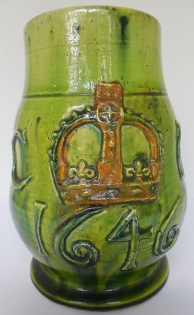 R- Castle Hedingham Pottery Edward Bingham Rex Charles English Blackjack Jug 6 3-16 IN h x 6 3-4 w