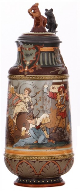 RBARREL  MOST FAMOIUS Mettlach stein, 5.2L, 18.5 IN ht., 2205, etched, Diana, figural inlaid lid TSACO