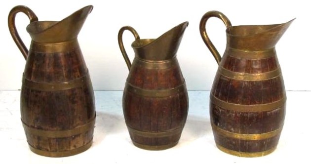 SOS - A RDY - BARREL -3 BELGIUM BRASS MOUNTED OAK PITCHERS USE