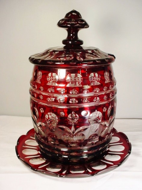 SOS - BARREL COVERED BARREL PUNCH BOWL BOHEMIAN RUBY CUT OVERLAY ca1860 LARGE