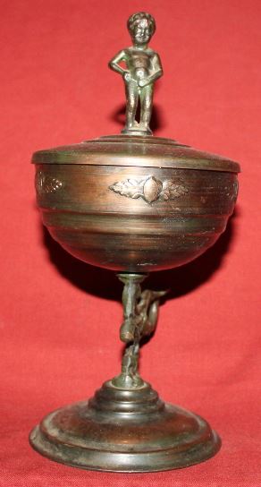 SOS - COPPER BOWL OR COVERED CUP 8.8 INCHES ornate copper stem bowl Manneken Pis ASKING $199 3-14