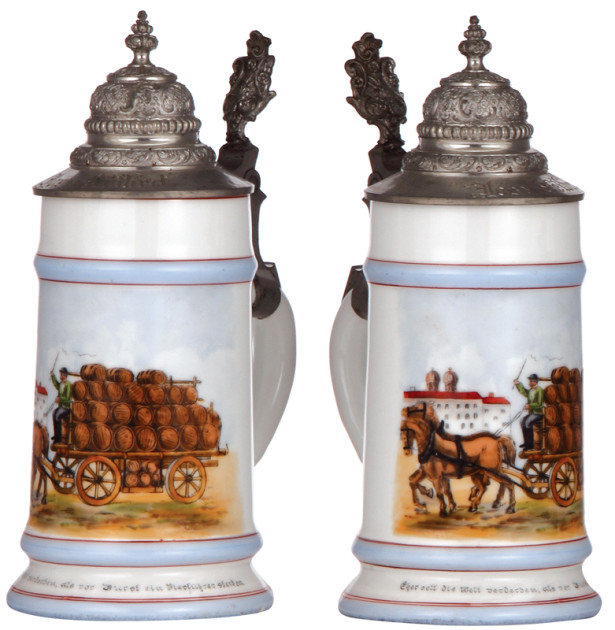 !-     barrel  add  occ Porcelain stein, .5L, transfer & enameled, Occupational Bierführer [Beer Wagon Driver], engraved with owner's name on pewter lid,