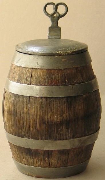 x!- BARREL - STEIN  WOOD AND PEWTER   OCCUPATIONAL  - THUMBL PRETZEL MAKER