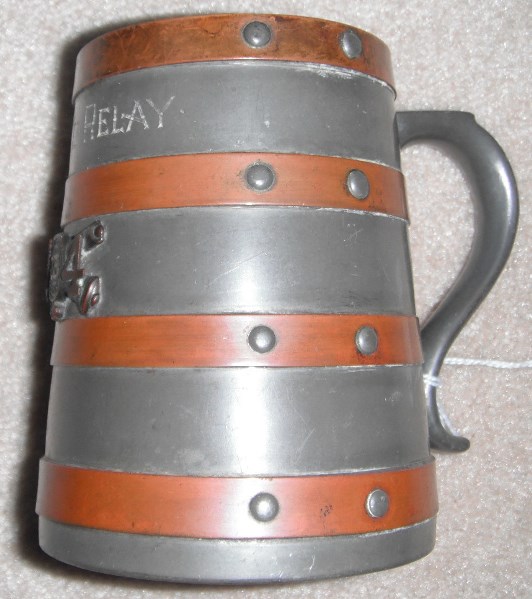 xBARREL - MUG - Pewter AND -copper   AMERICAN MADE barrel slat design  national guard award  NO SIZE GIVEN