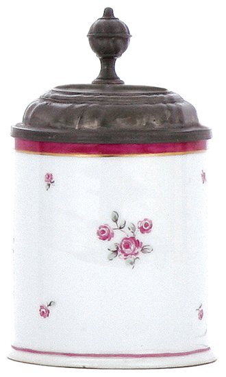 SOS -Porcelain stein, .25L, 5.5 ht., marked with incised Nymphenburg shield, mid 1800s, handpainted floral decoration, pewter lid,