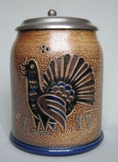 SOS - rdy - W M - peacock  i think ----Steinzeig Bierkrug Krug Humpen Wim Mühlendyck Salzglasur