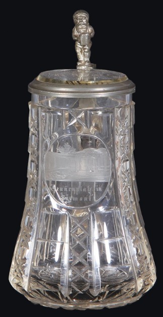 R-BELL BOTTOM - Glass stein, .5L, blown, clear, wheel-engraved, cut, Brunnenplatz in Pÿrmont, matching glass inlaid lid,  TSDACO