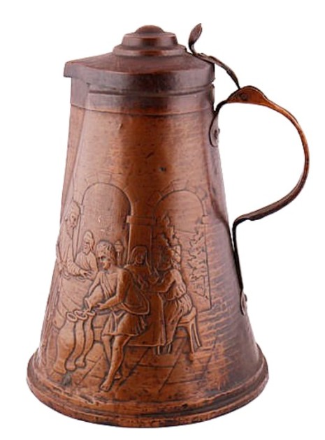a - 16.6 inches Eighteenth-century Bavarian copper beer jug, with embossed figural decoration