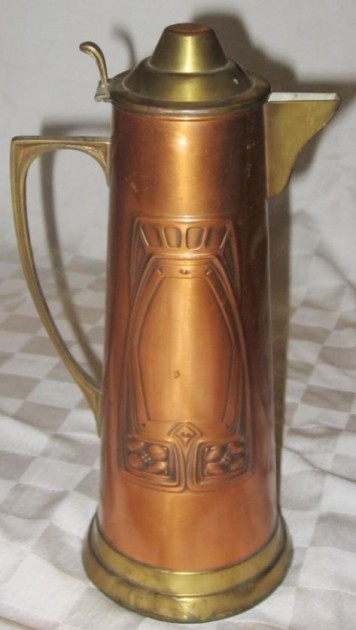 R- CLARET -ART NOUVEAU AUTHENTIC SIGNED EARLY DOUBLE FISH MARK COPPER & BRASS JUG