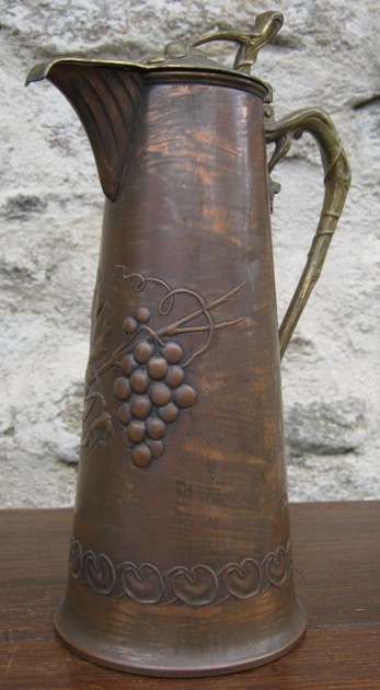 R- CLARET - Carl Deffner , IS MAKER    Esslingen c.1900   10.5 INCH TALL - art-nouveau copper & brass claret jug,  MARK IS  CROSSED SWORDS  OVER INITIALS
