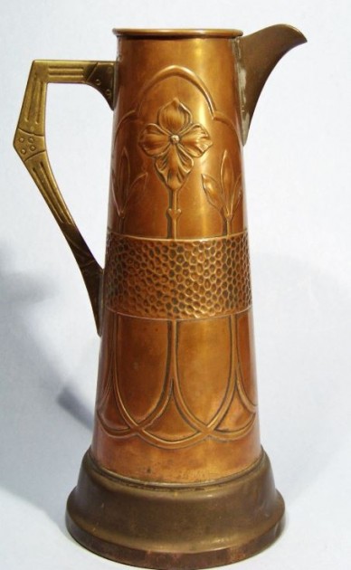 R -CLARET, LIDDLESS ARTS & CRAFTS HAMMERED COPPER & BRASS 12 IN  PITCHER CRAFTSMAN ART NOUVEAU