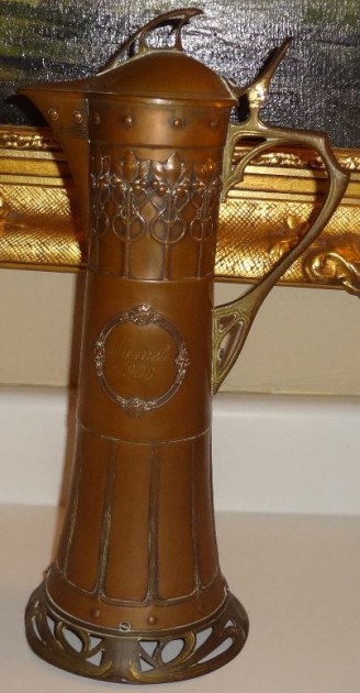 R- CLARET WMF Copper & Brass Jugendstil Wine Decanter Water Pitcher