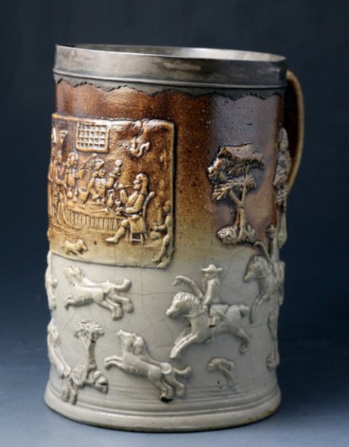 RMUG HARVEST, DAULTON harvest  mug - antique-mortlake-london-stoneware-tankard  SILVER LIP -early-19th-century
