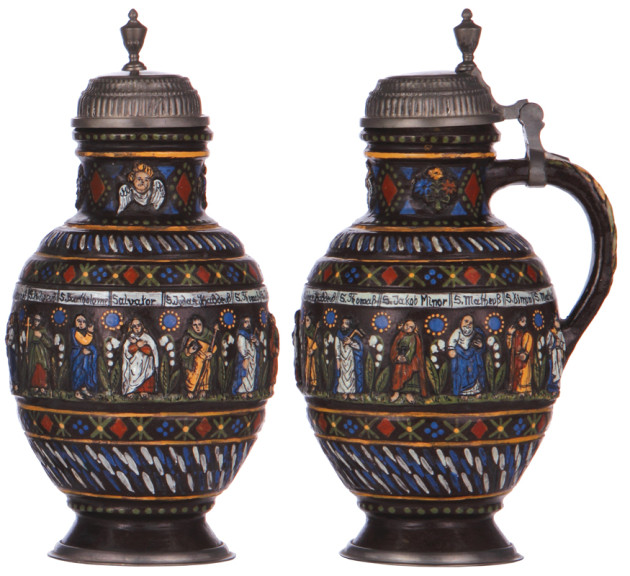 SOS - APOSTLEKRUG - Stoneware stein, 1.5L, Creussen, marked Fischer- Bamberg, c.1950, Jesus Christ & Twelve Apostles, pewter lid, TSACO
