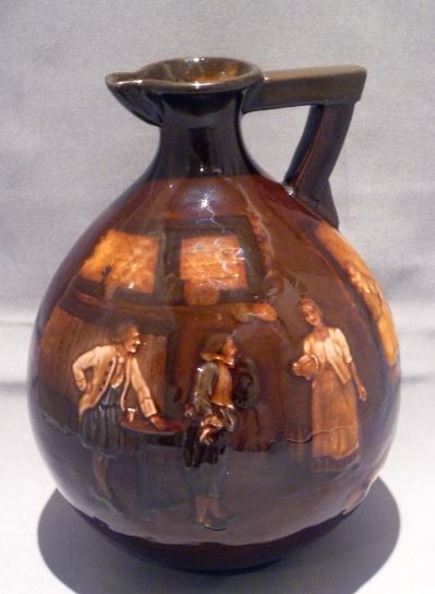 CR- Kingsware -  ROYAL DOULTON--  TAVERN SCENES KINGSWARE  [CLOSE TO MAJOLICA FINISH] WHISKEY JUG