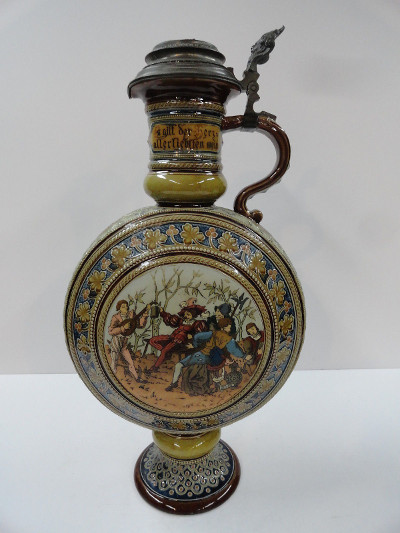 R - LANS - Mettlach Beer Stein Tankard 1632 Pitcher 21IN  Tall Artist Signed M. Hein
