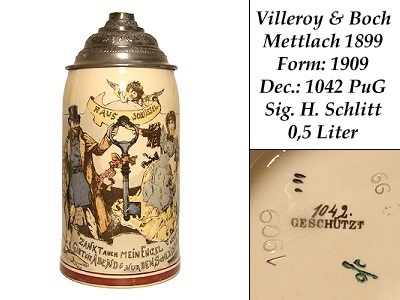 SOS - KEY ON STEIN -Berkrug 1- 2L METTLACH # 1909 Dec.1042 PuG Heinrich Schlitt V&B 1899, Beer Stein