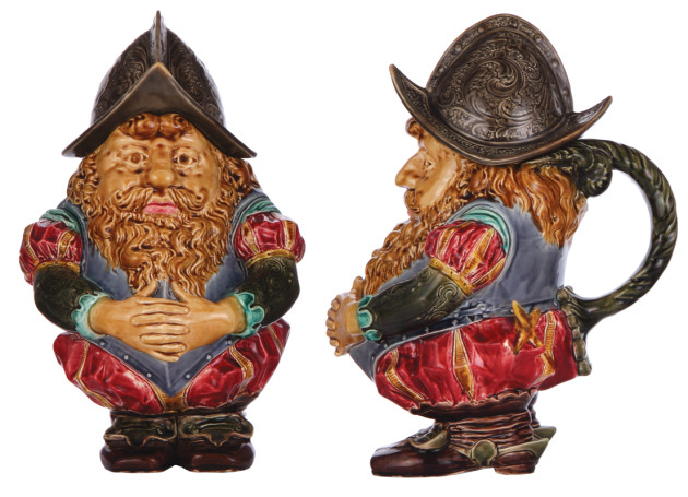 SOS - KNIGHT  [Q] Character stein, 12.8 IN ht., marked Majolica Sarreguemines, 1197, Knight, set-on lid