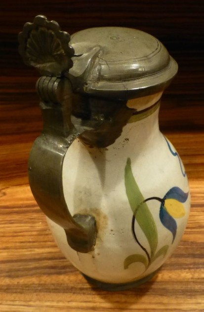 SOS - REPAIR VERSUS RESTORED -- ADVERTRISED AS Superb Rare Stein ca. 1800 or earlier - ceramic - pewter, old repairs, 8 1-2IN
