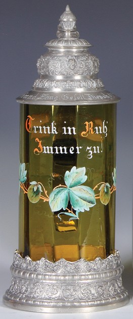 SOS -  T-H   TSACO - Glass stein, .5L, blown, amber, enameled, Trink in Ruh Immer zu., pewter lid, dated 1902,