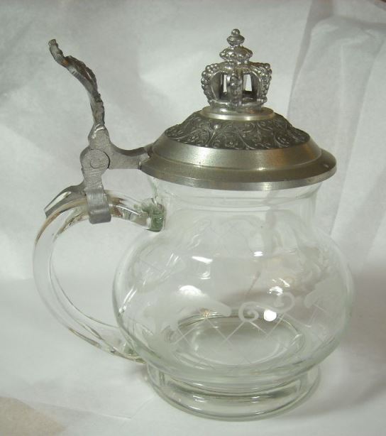 SOS  - glass stein frosted with Lion seal design marked Kuhr-Zinn- 2 use