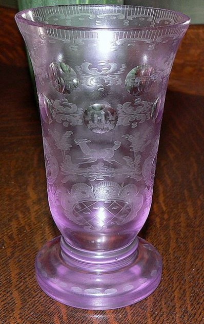 CR-  Alexandrite Cut to Clear19th Century Bohemian Etched Glass Vase