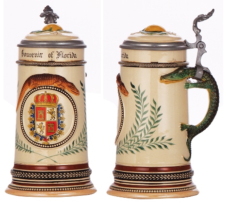 R- ALIGATOR - Pottery stein, .5L, transfer & enameled, relief, 6049, Souvenir of Florida, inlaid lid, mint