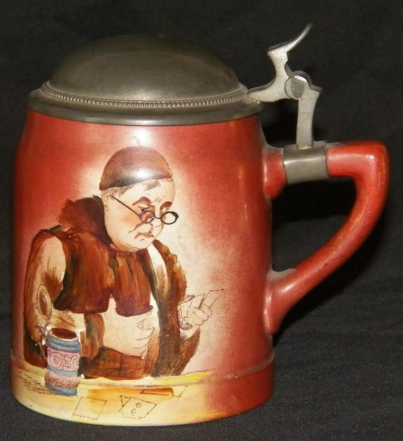 CR- CHITTENANGO POTTERY NY PUG BEER STEIN c.1900 PEWTER LID MANNING & BOWMAN .3L  HAVE IT ][Q]