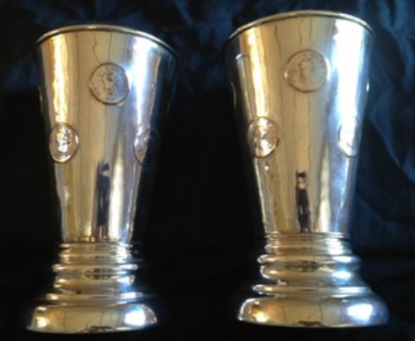 CR- GAMING BEAKERS, ENGLISH, PAIR OF  OLD SHEFFIELD PLATE DICE BEAKERS ASKING $1495  ON EBAY  8- 2013