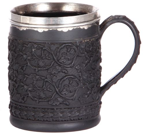 SOS - A RDY - BASALT - Wedgewood Basalt mug, 3.7 ht., marked Wedgewood, 2, late 1700s, silver rim,