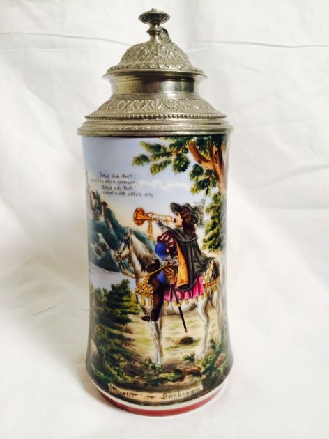 SOS - A RDY -UNOWN MAKER - PORCELAIN   .5  Liter Hand Painted Porcelain German Beer Stein with Lithophane