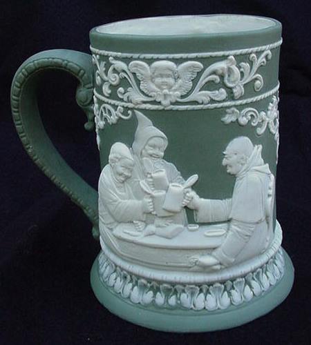 a-Jasperware  RDY Stein Relief drinking Scenes, Monks