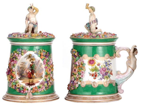 a- bagpiper Porcelain, 16.3  in ht., unmarked Dresden, handpainted, figural floral wreath, man playing bagpipe for a woman, set-on lid, child finial & handle,