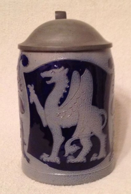 sos - Gryphon Design Cobalt Blue On Grey   unknown maker  smooth bottom  no mark