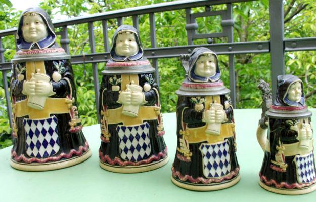 a-M - M  - RDY   4 x Figuren Krug Münchner Kindl, Beerstein, Bierkrug, Reichs Zinn