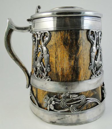 Farmhouse Antique Silver & Oak Beer Stein, St. Louis Silver