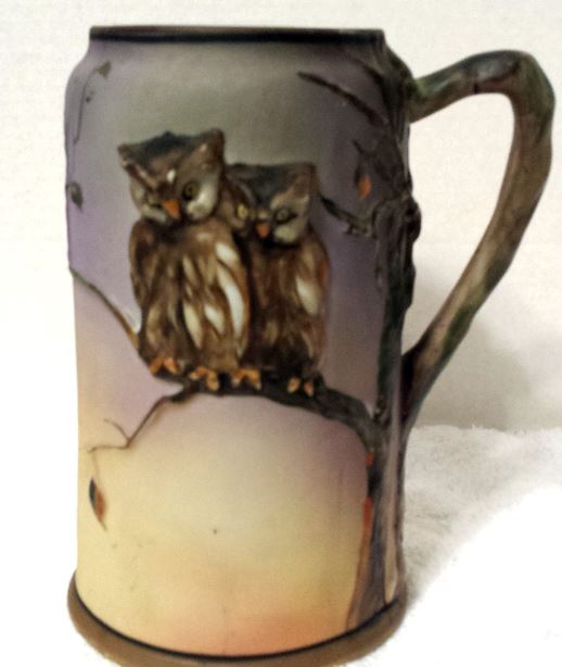SOS - OWL   7 INCH - ANTIQUE HAND PAINTED NIPPON (OLD NORITAKE) MOLDED OR BLOWN OUT OWL STEIN  RDY