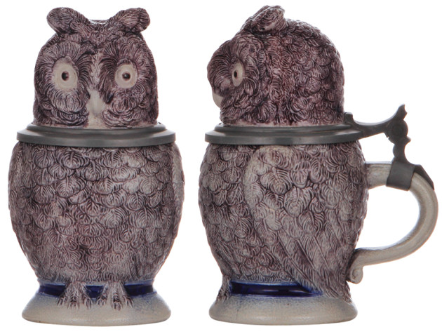 SOS - OWL Character stein, .5L, stoneware, unmarked, by Hauber & Reuther, Owl, blue & purple saltglazes  TSACO