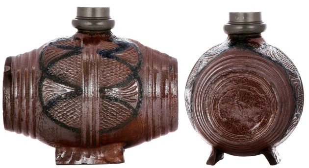 BARREL - flask, 8.3 ht. x 9.0 - wide, late 1700s, Muskauer Steinzeugfass, brown and dark blue glazes, stamped design, pewter screw cover- (1600-2000) TSACO